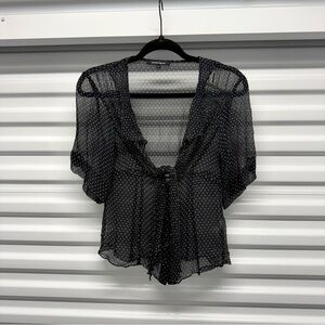 Nanette Lepore Black Silk Chiffon Polka Dot Sheer Tie Front Blouse Size 4